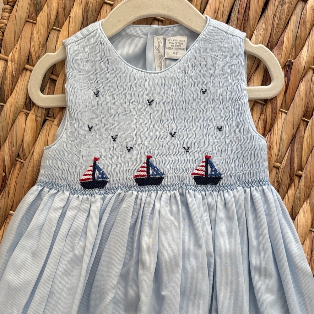 Carriage Boutique Light Blue Sleeveless Kids Dress with Sailboat Embroidery